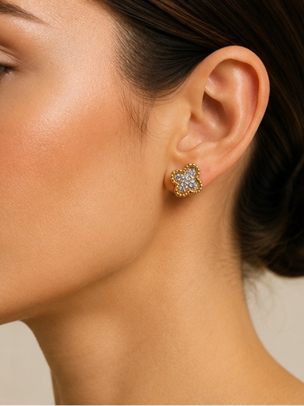 Designer Inspired Luxe Gold Crystal Clover Stud Earrings - Picture 2 of 4